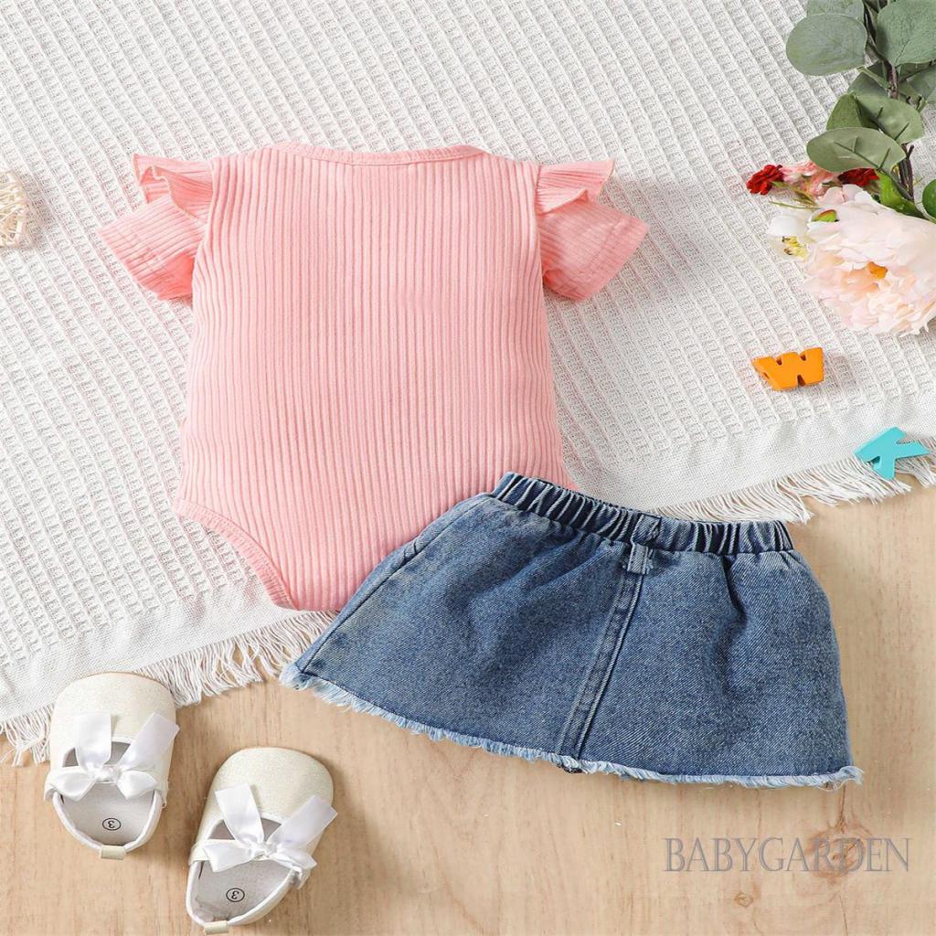 Set Áo Liền Quần + Chân váy jean In Chữ Dễ Thương Cho Bé Gái 0-18 Tuổi