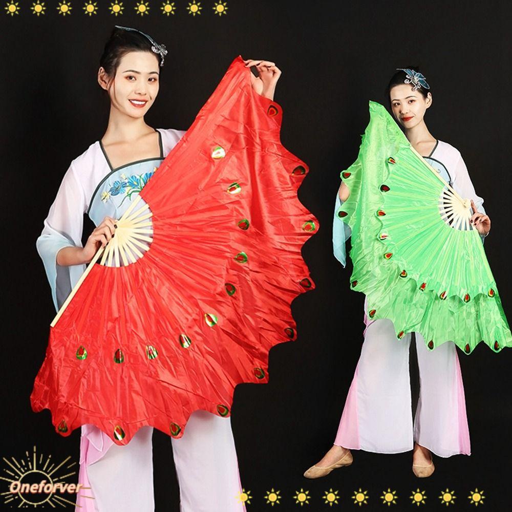 Quạt Múa Bụng Bằng Lụa Hình Chim Công Màu Xanh Lá / Đỏ