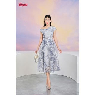 Đầm organza tím than họa tiết hoa, dáng xòe lệch vai Limmitted 41052T33 Toson