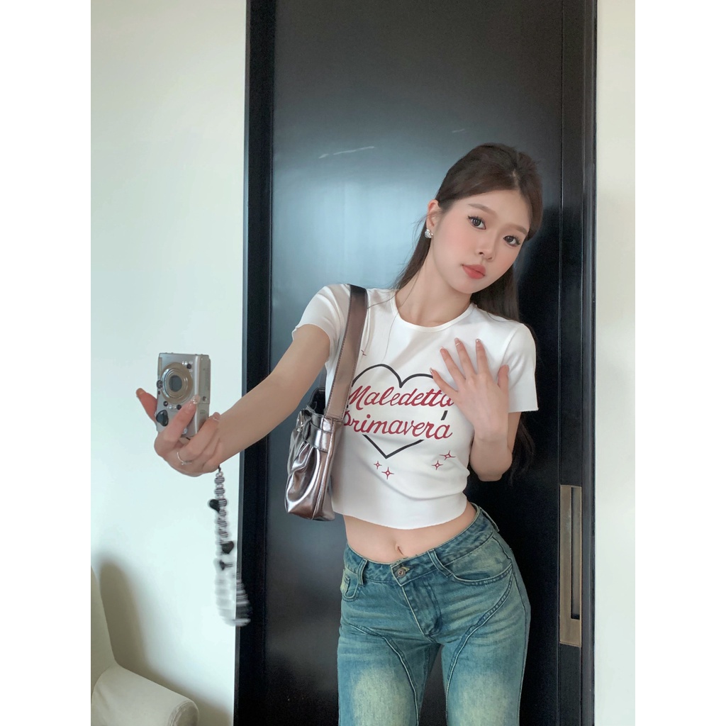 Y2k Áo Baby Tee Thun Croptop Nữ Tay Ngắn Dáng Ôm In Hình Trái Tim Phong Cách Mới Mùa Hè Cho Nữ