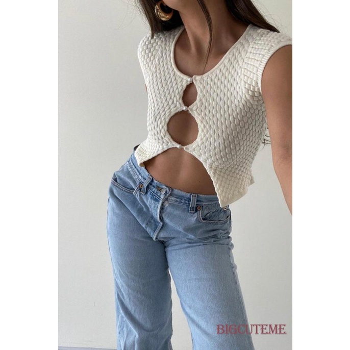 Áo Thun Crop Top Dệt Kim Tay Ngắn Cổ Tròn Cài Nút Thời Trang Mùa Hè Cho Nữ