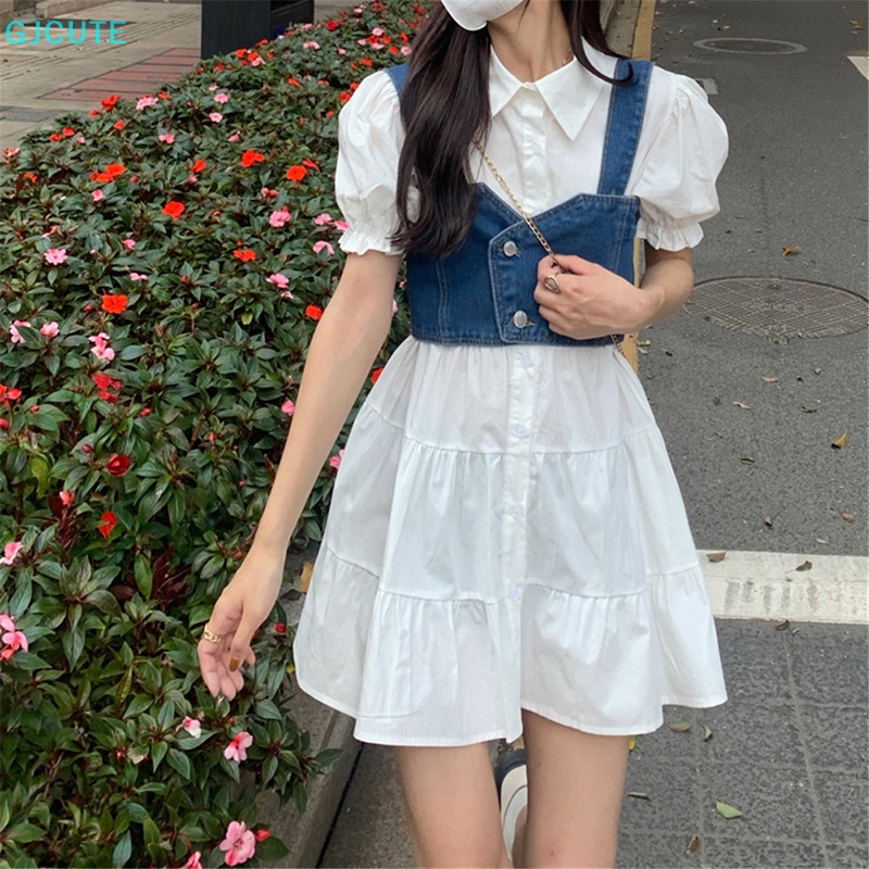 GJCUTE Mfc Bộ Đầm Yếm Denim Mùa Hè 2023 Tay Phồng Phong Cách Preppy Cổ Điển Cho Nữ WTD