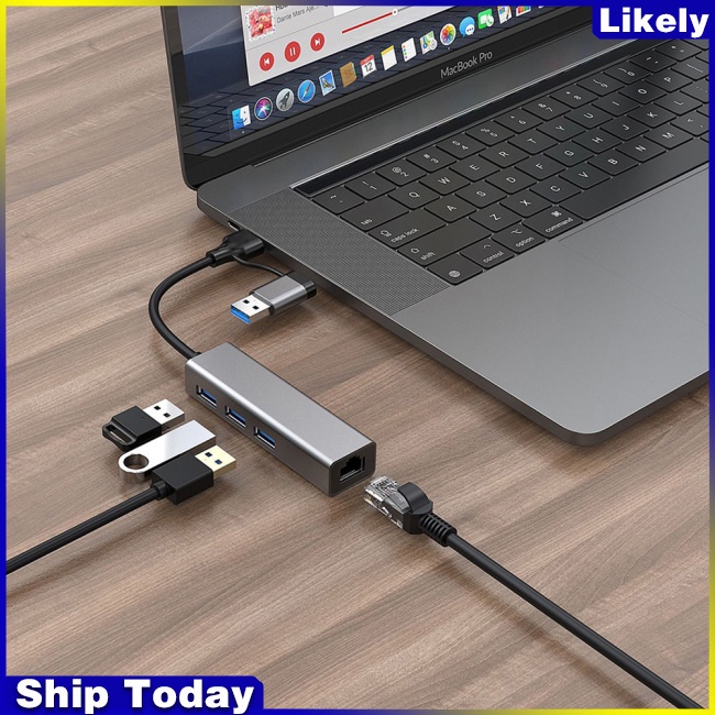 Bộ Chia Cổng Mạng LAN 4 Trong 1 100 / 1000Mbps USB 3.0 Type-C Sang RJ45 Cho Máy Tính Laptop