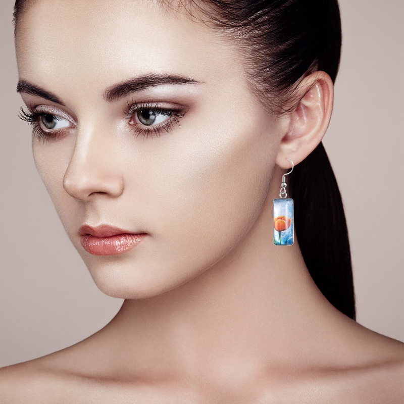 Ygt Khuyên Tai Móc Mặt Kính Cabochon Hình Chữ Nhật Bằng Thép Không Gỉ Hình Hoa Tulips