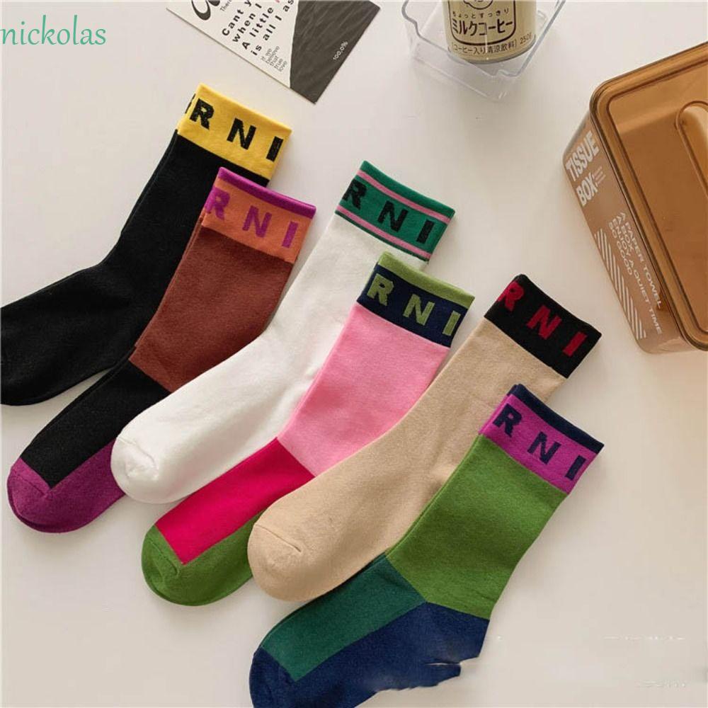 NICKOLAS Đôi Vớ Len Dày Mềm Mại Thoải Mái Phối Màu Tương Phản Họa Tiết Chữ Cái Thời Trang Cho Nữ