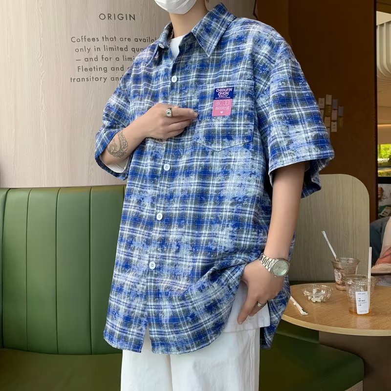 Áo Sơ Mi Tay Ngắn Dáng Rộng Họa Tiết Kẻ Sọc Phong Cách Đường Phố Mỹ Thời Trang Mùa Hè Cho Nam