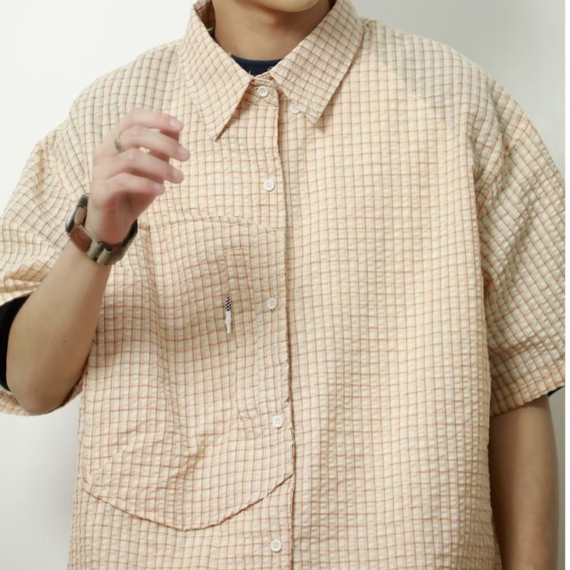 Áo Sơ Mi Tay Ngắn Dáng Rộng Họa Tiết Sọc Caro Thời Trang Phong Cách Nhật Bản Cho Nam