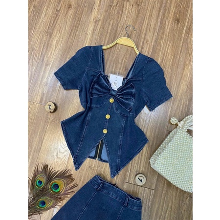 Bigsize Set jeans áo nơ kèm chân váy dáng dài 55-95kg