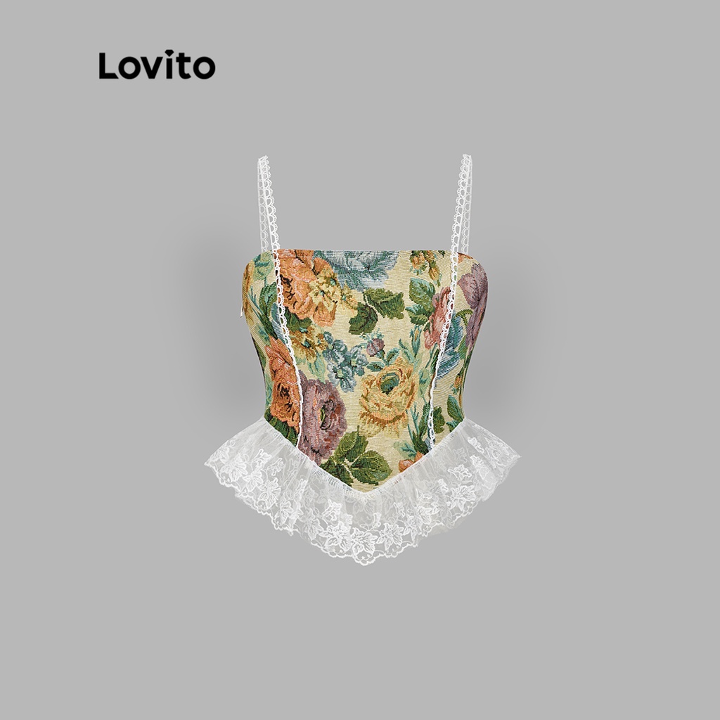 Lovito Áo ba lỗ phối ren hoa giản dị Đường cấu trúc viền cổ điển dành cho nữ L55AD014 (Nhiều Màu)