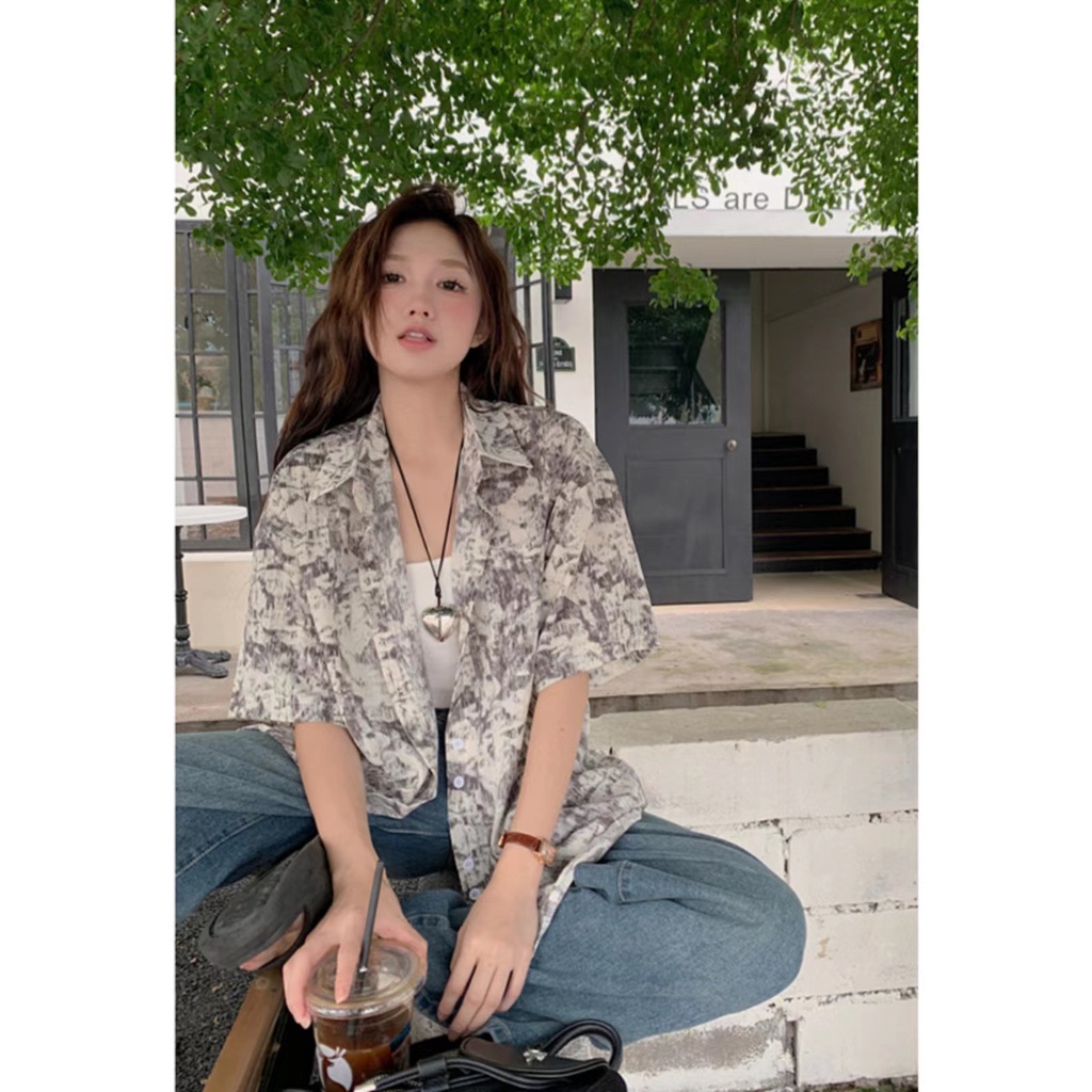 SUXI Áo Sơ Mi Chống Nắng Tay Ngắn Dáng Rộng In Họa Tiết Mực Kiểu Vintage Thời Trang Mùa Hè