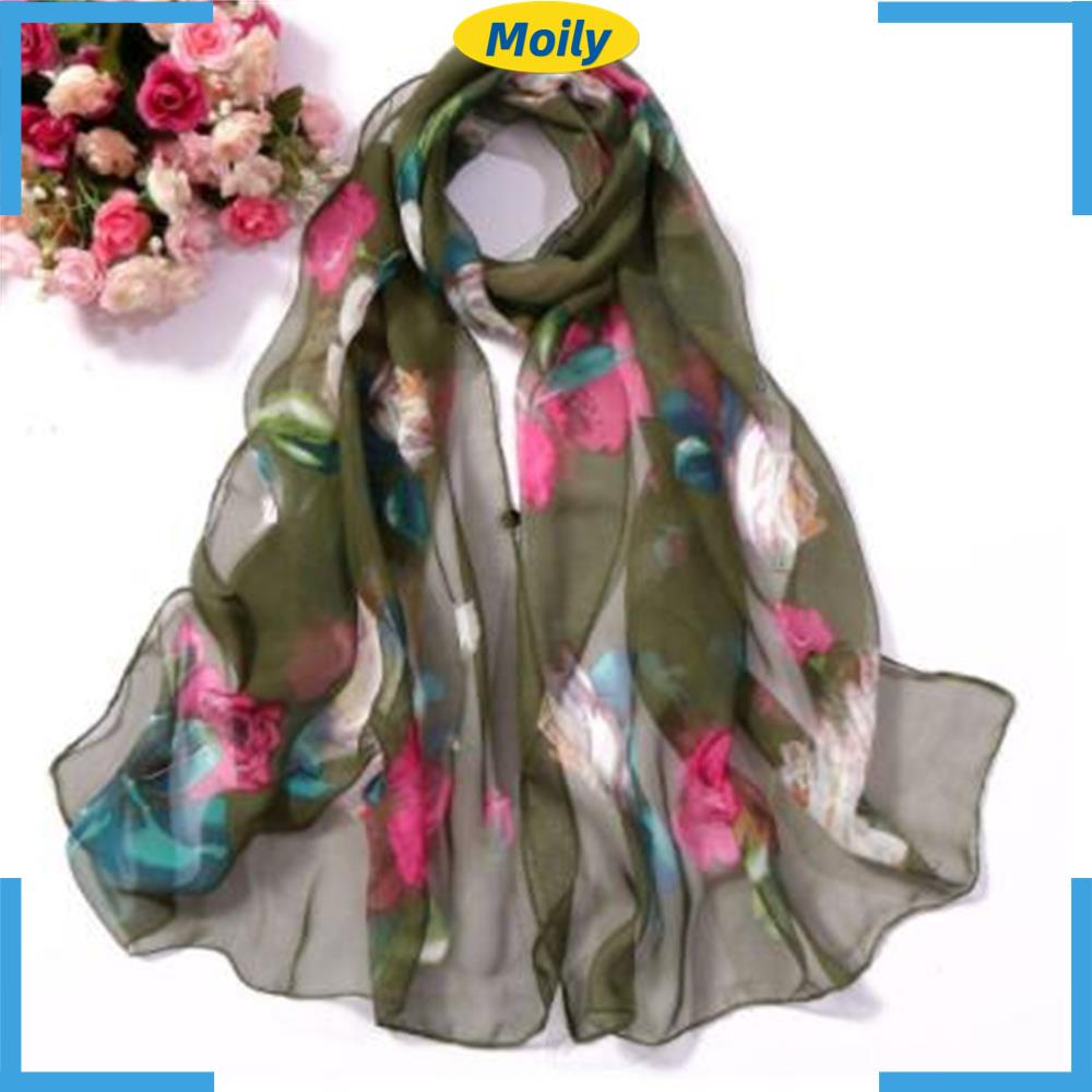 MOILYVN Khăn Choàng Lụa Dài Mềm Mại In Họa Tiết Hoa Cho Nữ