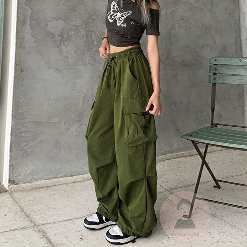 Quần ống rộng Lưng Thun Màu Trơn Phối Túi Cá Tính Cho Nữ