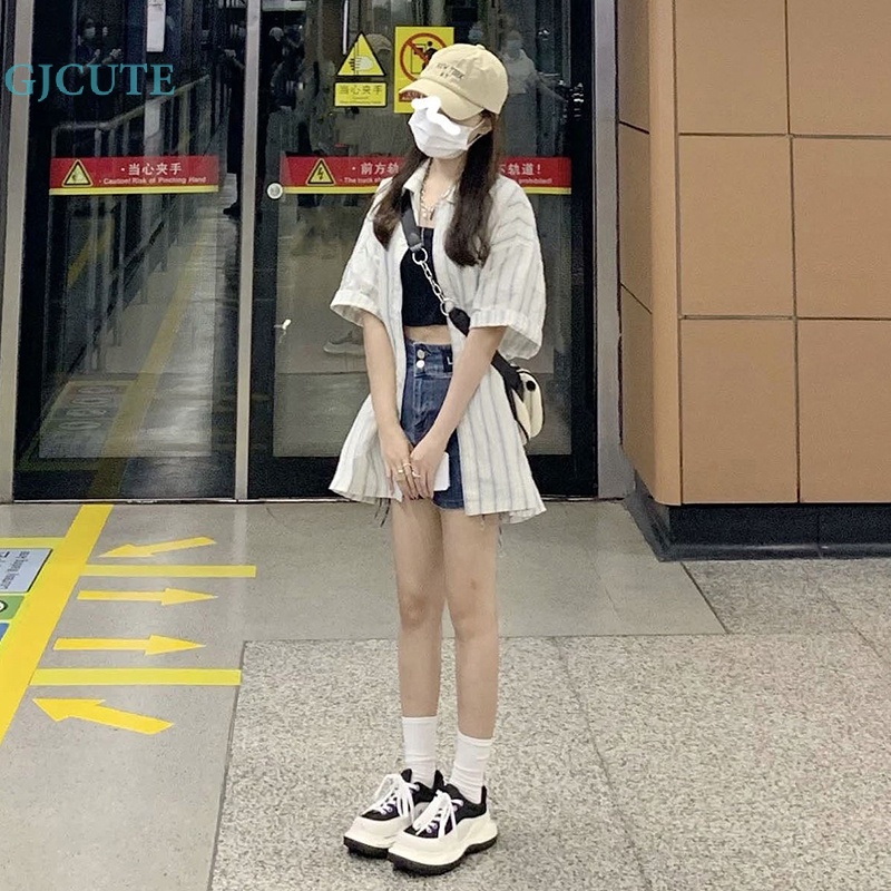 Áo Sơ Mi Mỏng Tay Ngắn Dáng Rộng Thoáng Khí In Họa Tiết Kẻ Sọc Kiểu Retro Xinh Xắn Cho Nữ