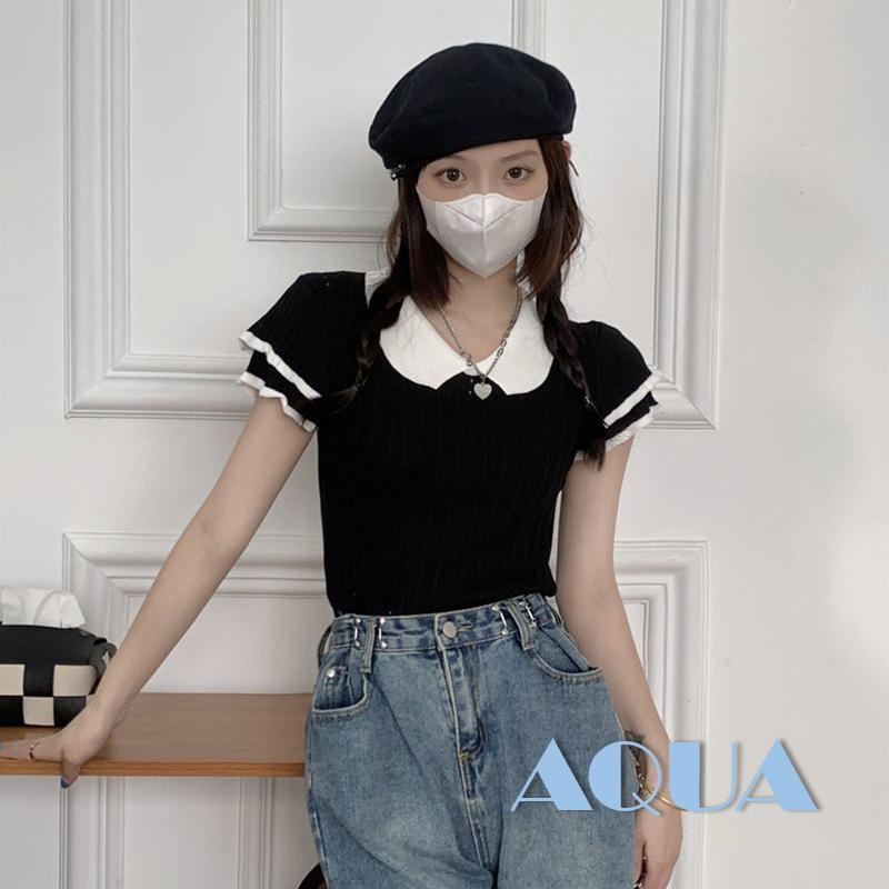 Áo Dệt Kim Tay Ngắn Cổ Búp Bê Màu Sắc Tương Phản Thời Trang Cho Nữ