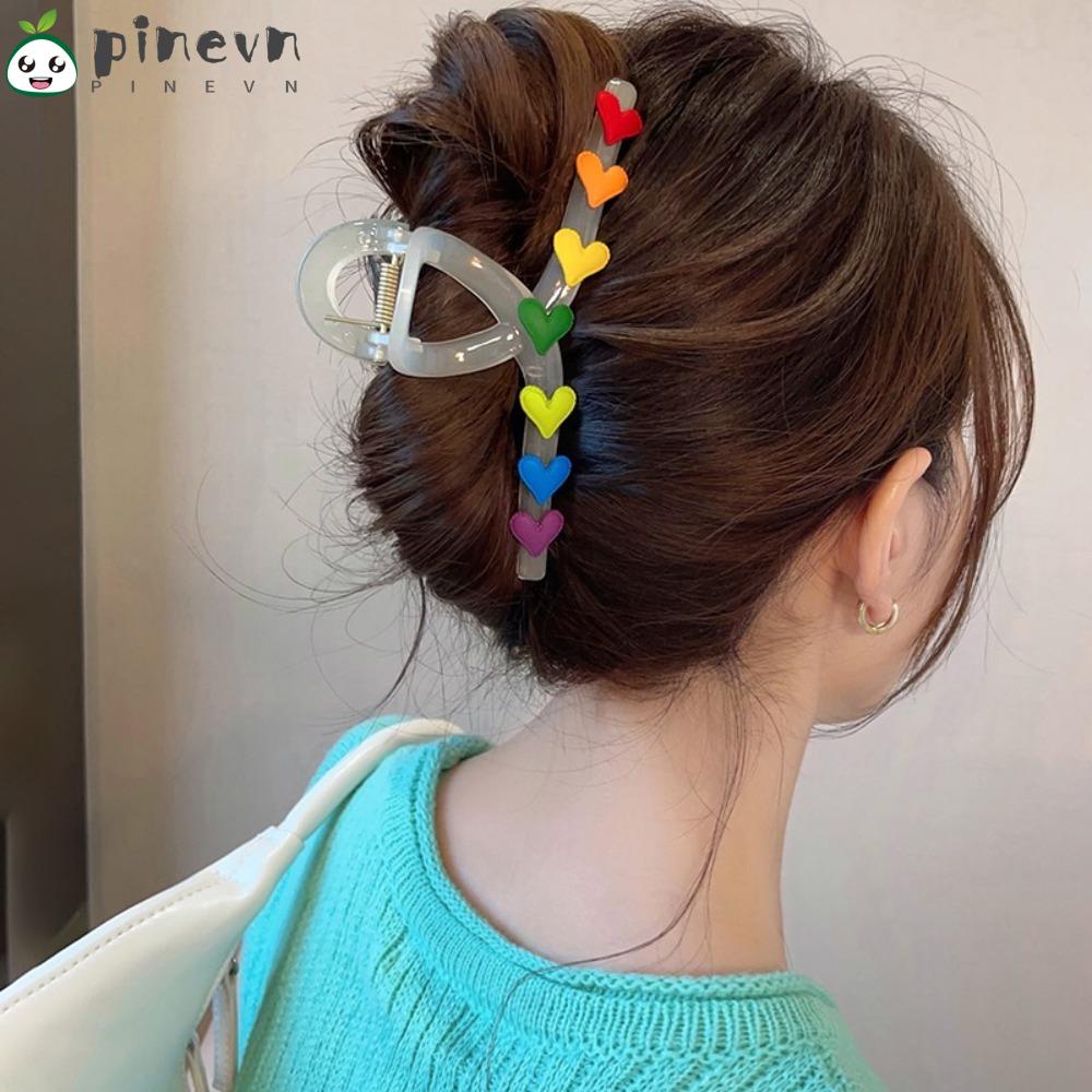 PINEVN Kẹp Tóc Đuôi Ngựa Bằng Acrylic Trong Suốt Hình Trái Tim Màu Cầu Vồng Kiểu Vintage Thời Trang Mùa Hè
