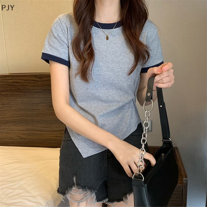 Áo Thun Ngắn Tay Cổ Tròn Màu Sắc Tương Phản Thời Trang Mùa Hè Cho Nữ PJ