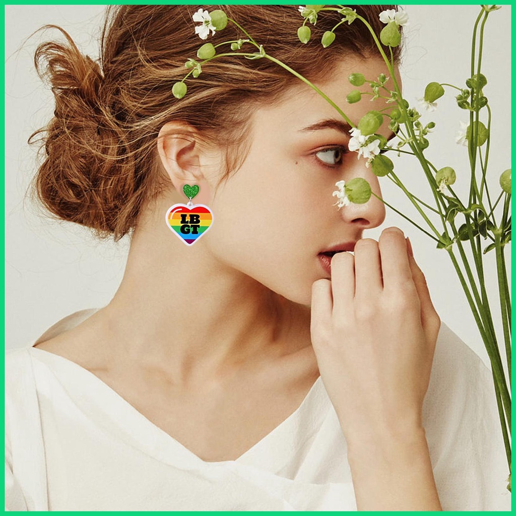 Bông Tai Dáng Dài Hình Trái Tim Màu Cầu Vồng Thời Trang