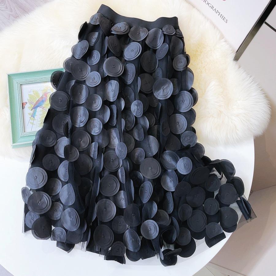Qooth Nữ 3D Thiết Kế Chấm Bi Voan Váy Lưới Vintage Lưng Thun Dài Váy Tutu Chữ A QT2176