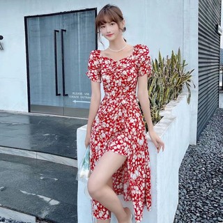 Đầm Chiffon Cổ Vuông Tay Phồng Họa Tiết Hoa Anh Đào Phong Cách Pháp Thời Trang Mùa Hè 2023 Cho Nữ