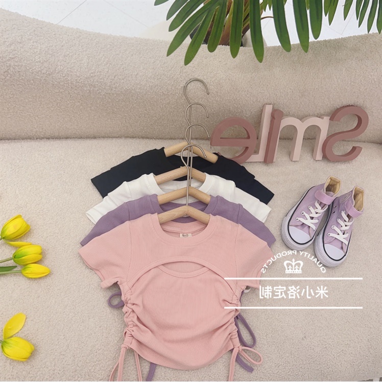 Áo Thun Tay Ngắn Phối Dây Rút Màu Sắc Trơn Phong Cách Hàn Quốc Thời Trang Mùa Hè Xinh Xắn Cho Bé Gái