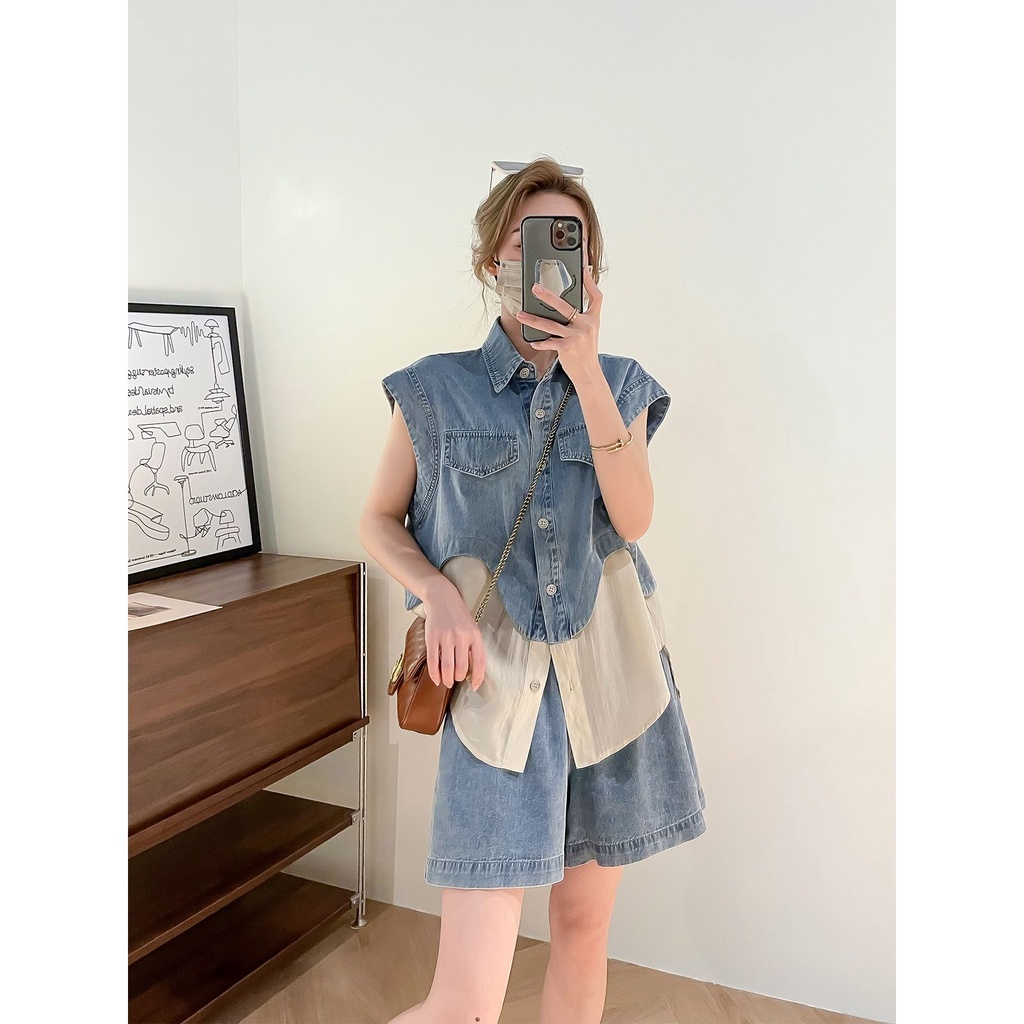 Bộ Áo Denim Không Tay + Quần Short Denim Phong Cách Hàn Quốc Thời Trang Mùa Hè 20023 Mới