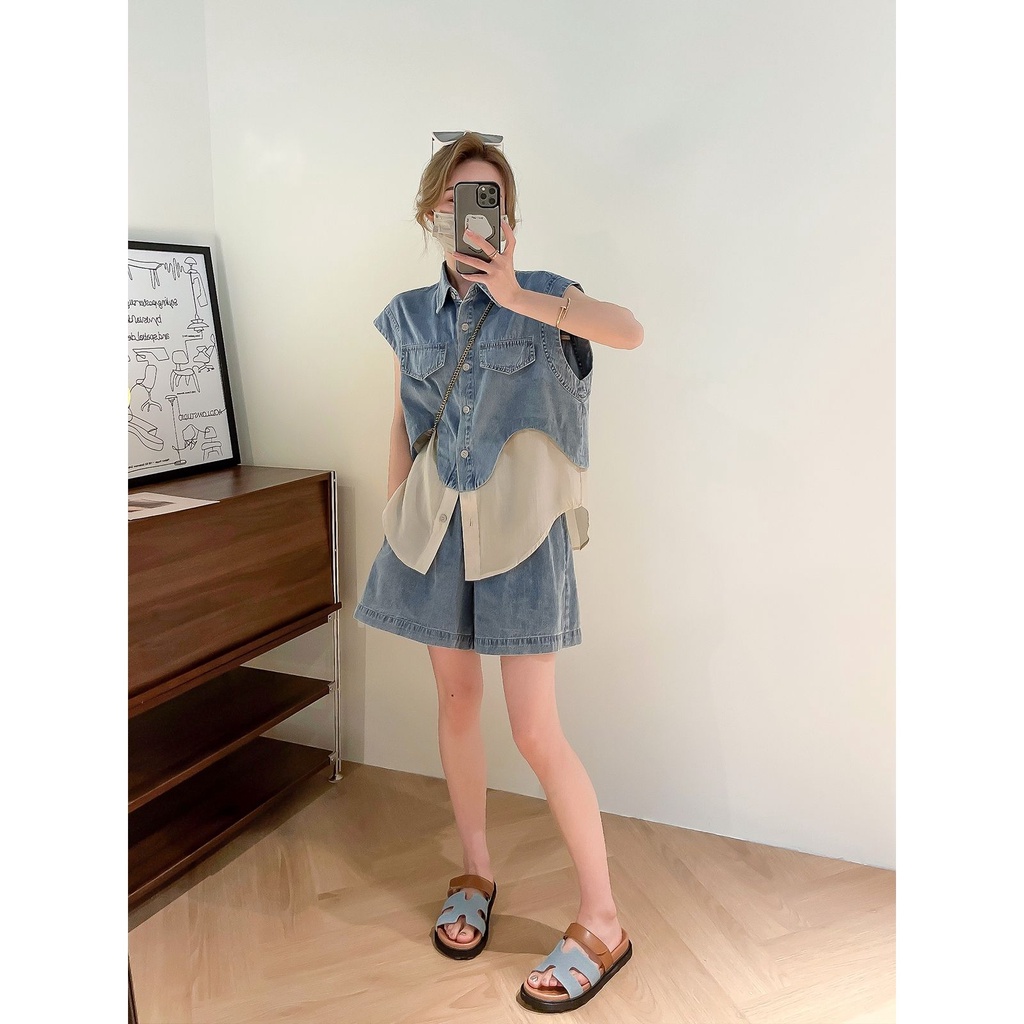 Bộ Áo Denim Không Tay + Quần Short Denim Phong Cách Hàn Quốc Thời Trang Mùa Hè 20023 Mới