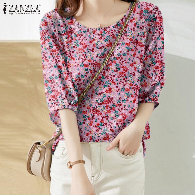 ZANZEA Áo Nữ Tay Lửng Cổ Tròn Họa Tiết Hoa Thời Trang Phong Cách Hàn Quốc