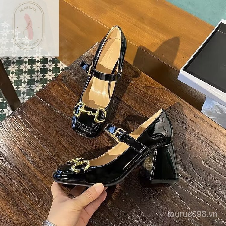 Giày Cao Gót 6-8cm Da PU Mũi Vuông Miệng Nông Màu Trơn Dễ Thương
