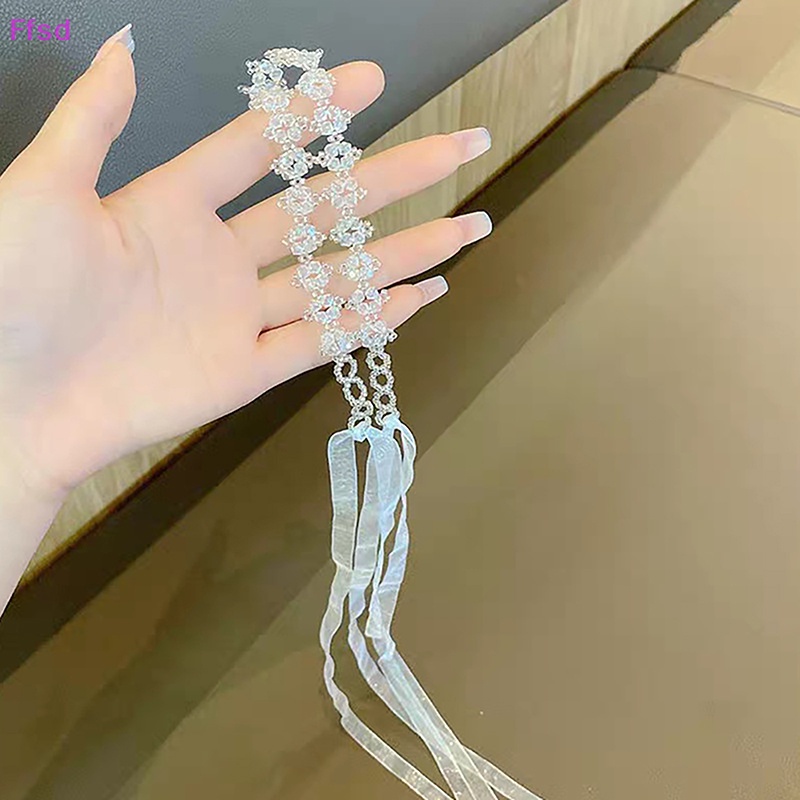 {Ffsd} Vòng Cổ Choker Dây Ruy Băng Dài Đính Hạt Ngọc Trai Pha Lê Ngọt Ngào Lãng Mạn Hàng Bán Chạy *