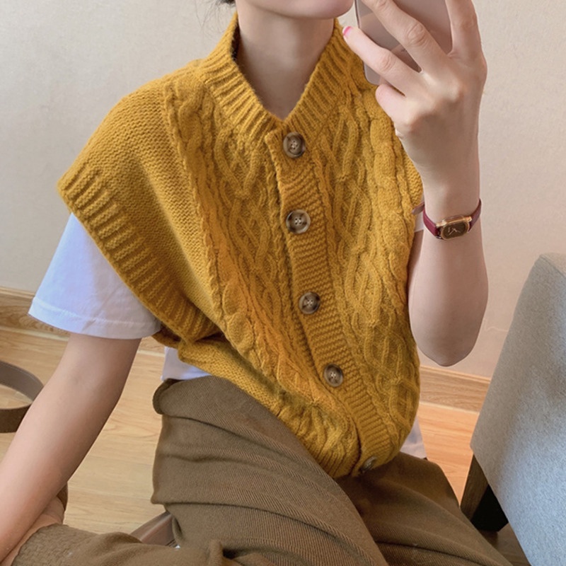 Áo Sweater Dệt Kim Sát Nách Dáng Ngắn Kiểu Retro Hàn Quốc Thời Trang Mùa Thu Cho Nữ