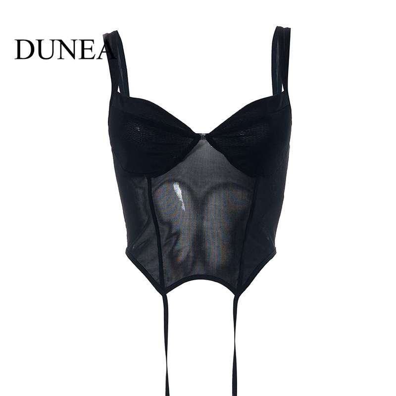 DUNEA Áo Crop Top Lưới Màu Trơn Cổ Thấp Gợi Cảm Cho Nữ