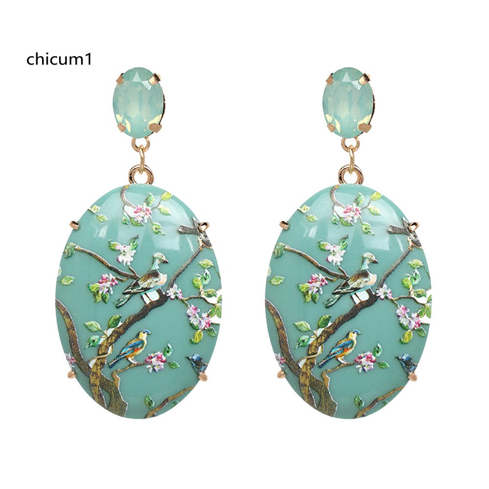 Khuyên Tai Hình Oval Họa Tiết Hoa Vẽ Tay Phong Cách Cổ Điển Cho Nữ