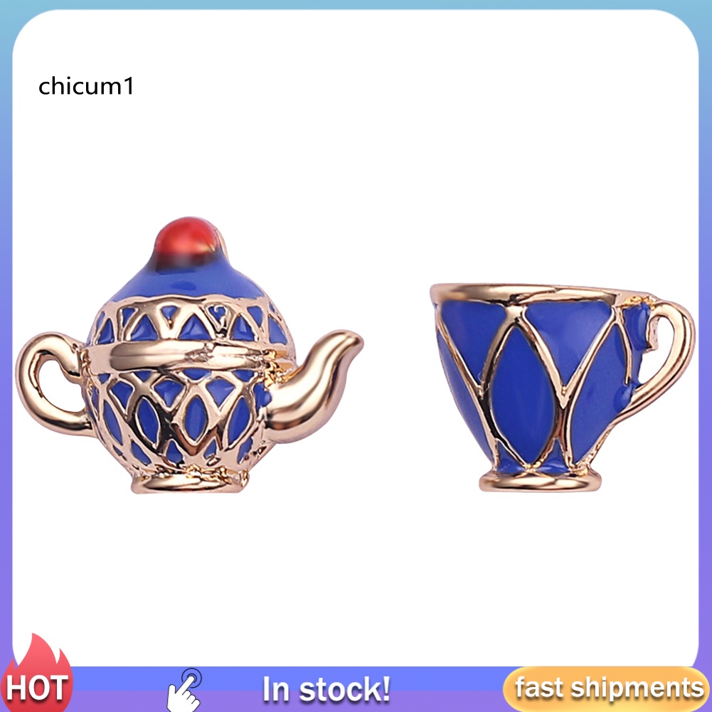 Khuyên Tai Hình Ấm Trà Tráng Men Không Đối Xứng Phong Cách Vintage