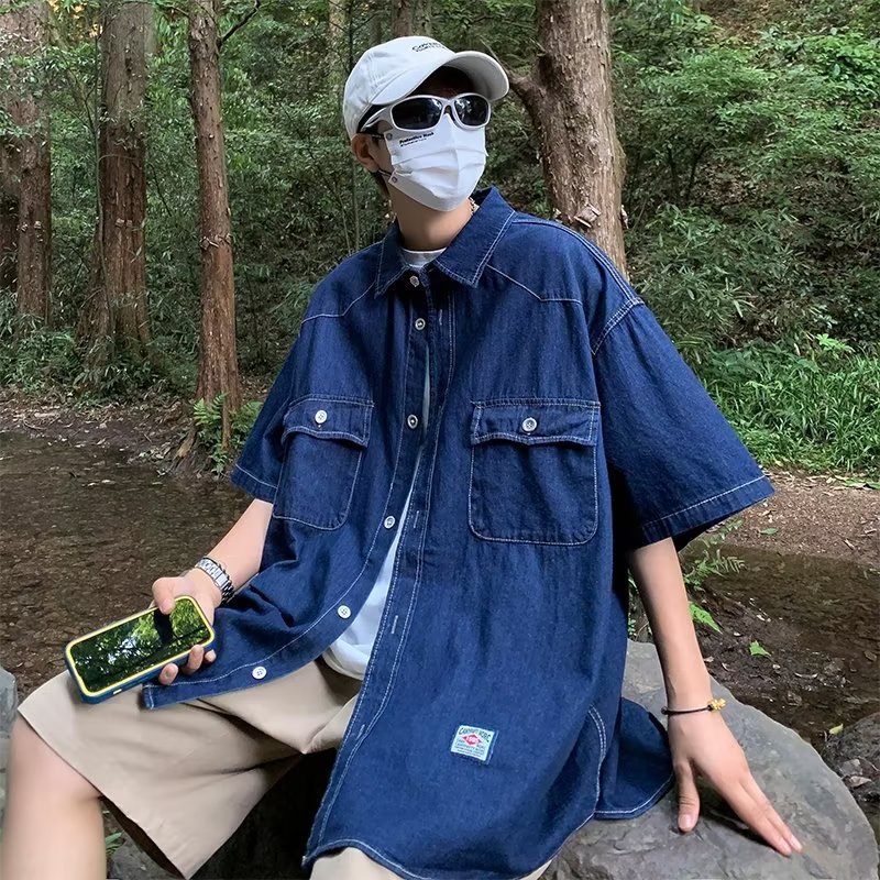 Áo Sơ Mi Denim Tay Ngắn Dáng Rộng Giả Nhiều Lớp Phong Cách Retro Nhật Bản Cho Nam Và Nữ