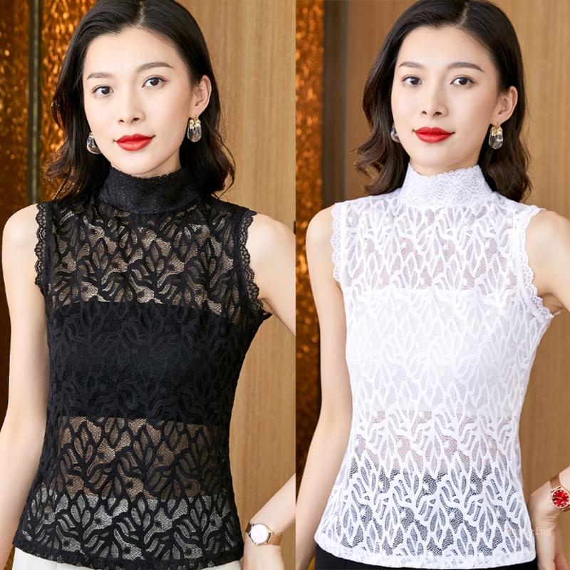 Áo Sơ Mi Không Tay Cổ Cao Màu Trơn Họa Tiết Hoa Xinh Xắn Cho Nữ