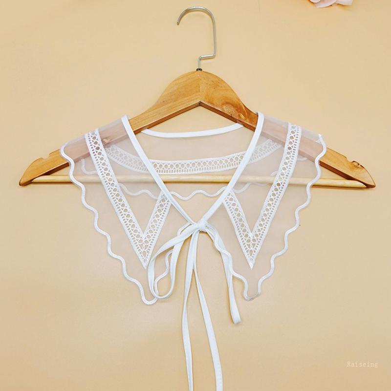 Khăn Choàng Cổ Lưới Xuyên Thấu Màu Trắng Thêu Họa Tiết Hình Học Phối Dây Cột Nơ Có Thể Tháo Rời Cho Nữ