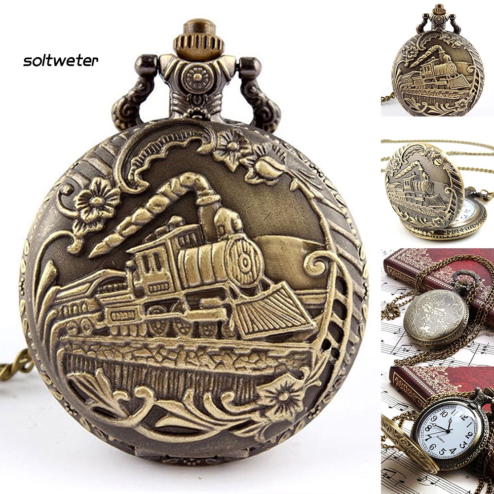 Đồng Hồ Bỏ Túi Bằng Đồng Thau Họa Tiết Tàu Lửa Cổ Điển Có Dây Đeo Dạng Xích