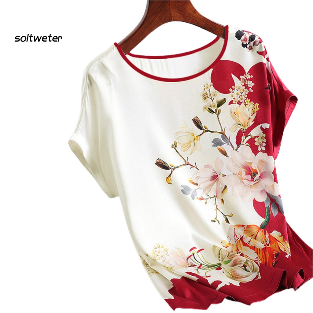 Áo Thun Lụa Lạnh Cổ Thuyền In Họa Tiết Hoa Thời Trang Mùa Hè Xinh Xắn Cho Nữ