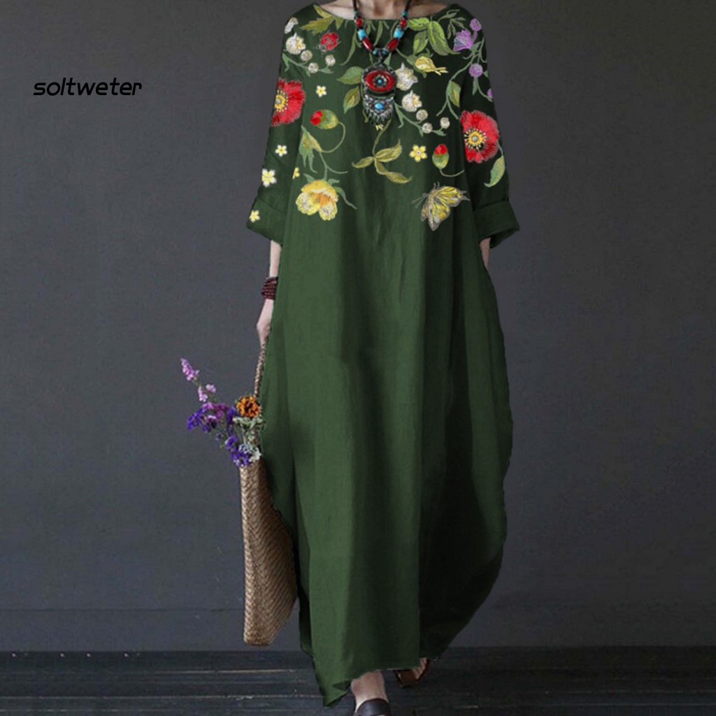 Đầm Maxi Cổ Tròn 3 / 4 Dáng Rộng In Họa Tiết Hoa Lá Thời Trang Xuân Thu Xinh Xắn Cho Nữ