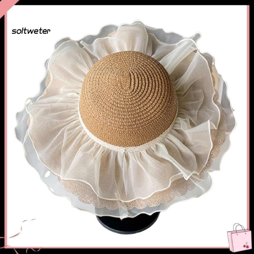 Mũ Cói Rộng Vành Phối Lưới Thời Trang Đi Biển Xinh Xắn Cho Nữ