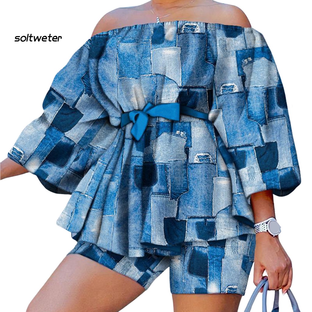 Set Đồ 2 Món Gồm Áo Trễ Vai Tay 3 / 4 Có Diềm Xếp Nếp Và Quần Ngắn Viền Bèo In Họa Tiết Cho Nữ