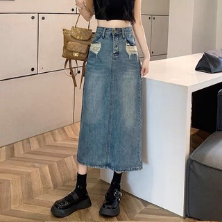  Chân Váy jean Dài Cạp Cao Dáng Dài Kiểu Rách Túi BigSize 55-90kg 008 Rẻ Đẹp xẻ sau Phom chữ A 