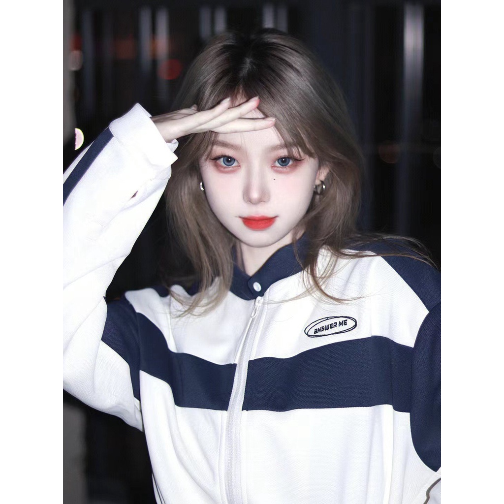 Plus Áo Khoác Thể Thao Dài Tay Phối Khóa Kéo Phong Cách Vintage Mỹ Cho Nữ