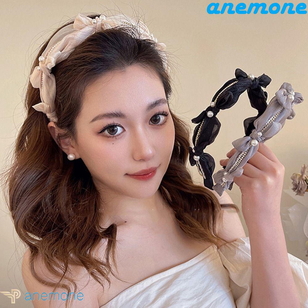 ANEMONE Băng Đô Rửa Mặt Trang Điểm Vải Lưới Mỏng Đính Nơ Kiểu Retro Dễ Thương Cho Bạn Gái