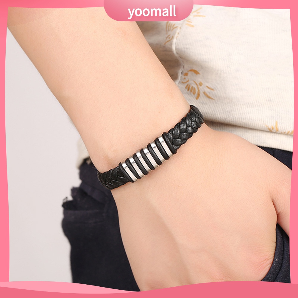 Vòng Tay Giả Da Với Mặt Thép Titan Phong Cách Punk Cho Nam