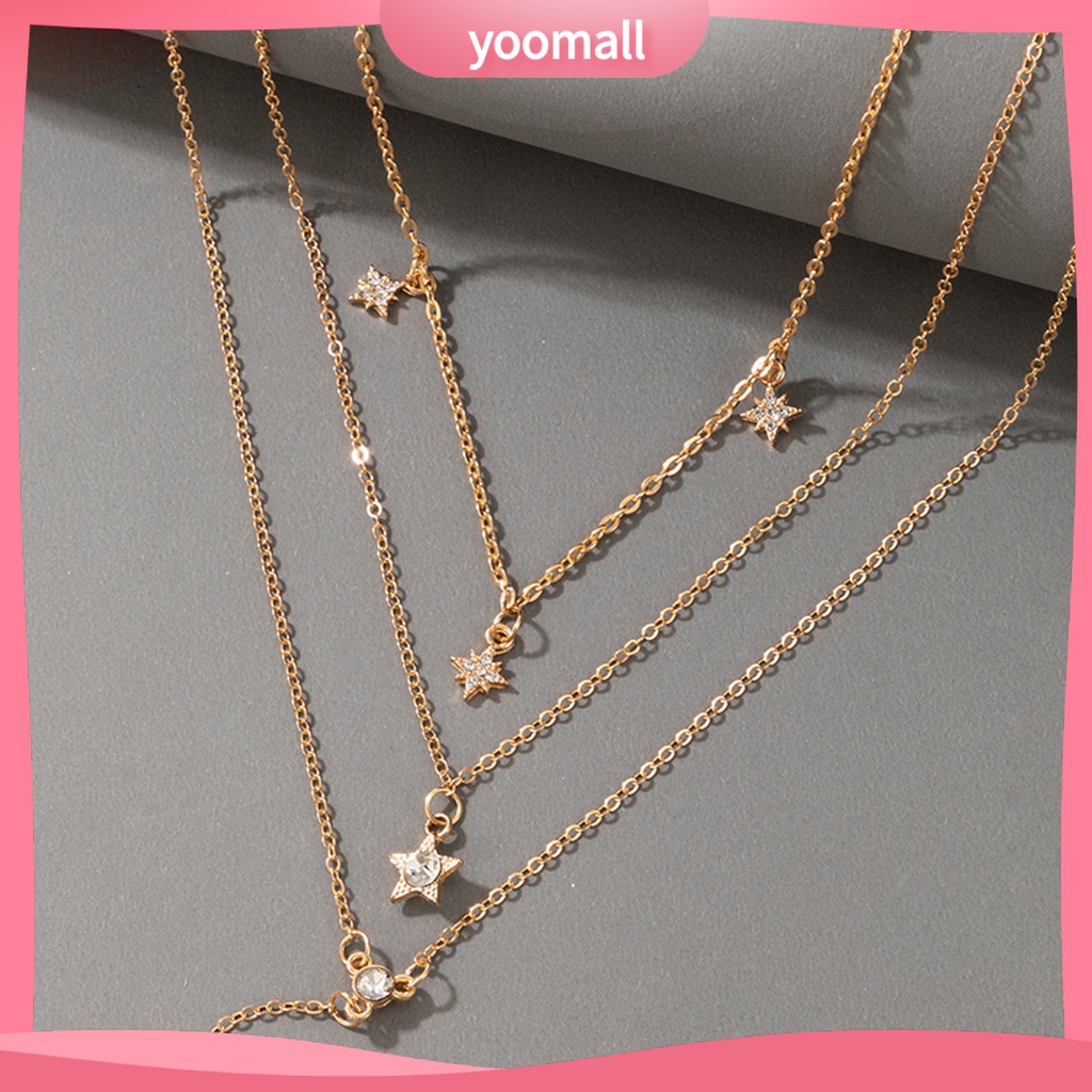 [YM] Vòng Cổ Choker Dài Nhiều Lớp Mặt Ngôi Sao Năm Cánh Đính Kim Cương Giả Cho Nữ Dating