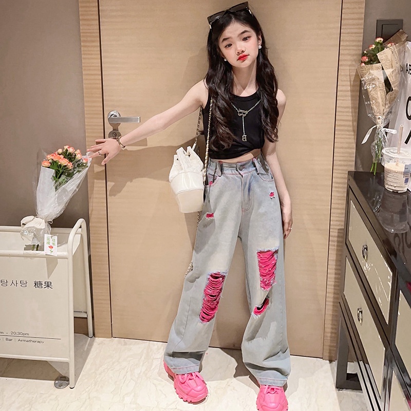 Quần Denim Ống Rộng Rách Phong Cách Châu Âu Mùa Hè 2023 Cho Bé Gái