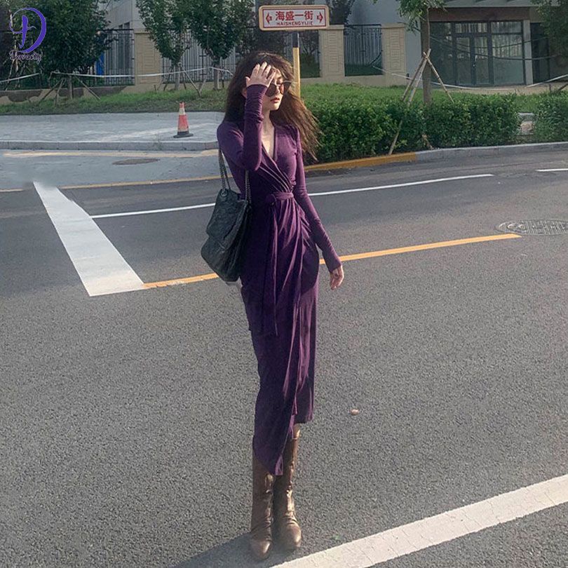 Đầm Tím Tay Dài Phối Cà Vạt Co Giãn Tốt Thiết Kế Trang Nhã Cho