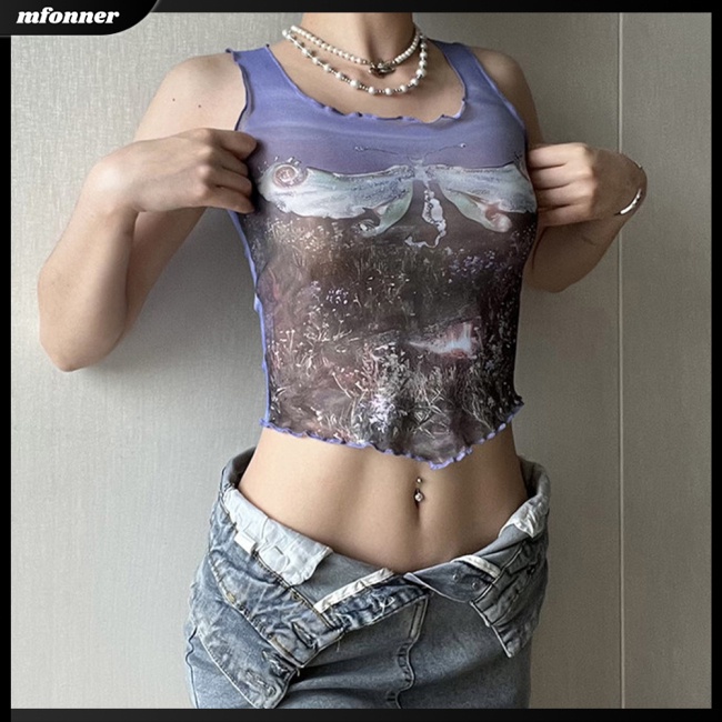 Áo Croptop Không Tay Phối Bèo Họa Tiết In Thời Trang Mùa Hè Cho Nữ