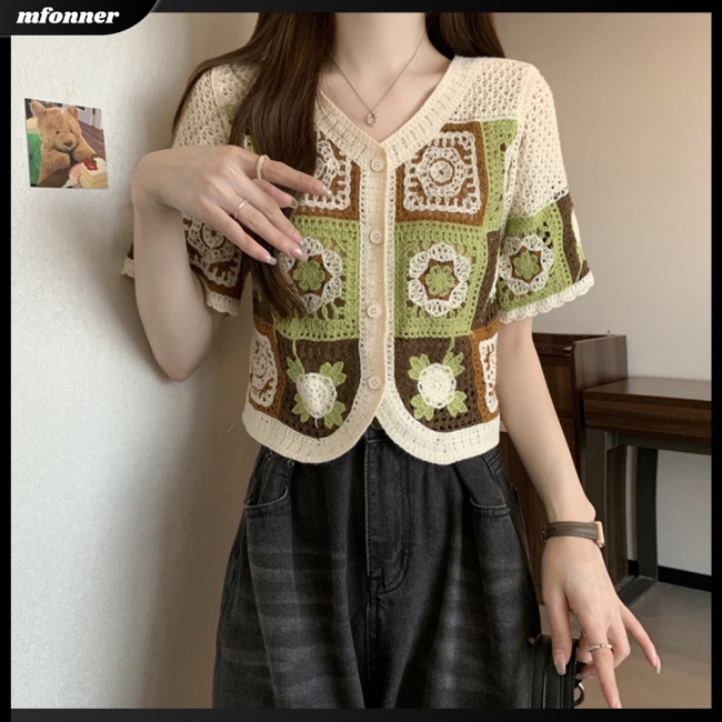 Áo Dệt Kim Tay Ngắn Màu Sắc Tương Phản Phong Cách Retro Dành Cho Nữ